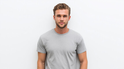 Obraz premium Handsome Young Man Smiling in Casual T-Shirt Portrait, Confident Male Model Standing in Studio with Stylish Fashion Look and Youthful Lifestyle Expression