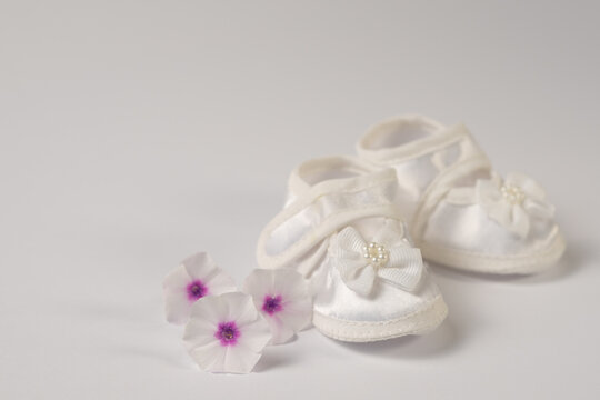 White baby shoes with pink phlox flowers on white background, newborn concept