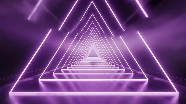 A glowing purple neon triangle tunnel creates a futuristic perspective