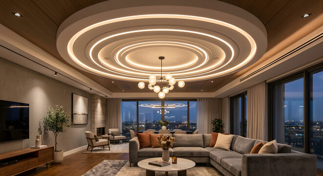 Modern luxury false ceiling with concentric circular design, LED rings and a central chandelier, contemporary living room, warm glow