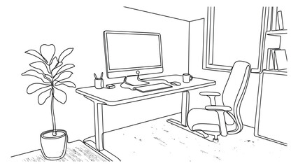 Fototapeta premium Line art illustration of a modern home office desk workspace with a computer.