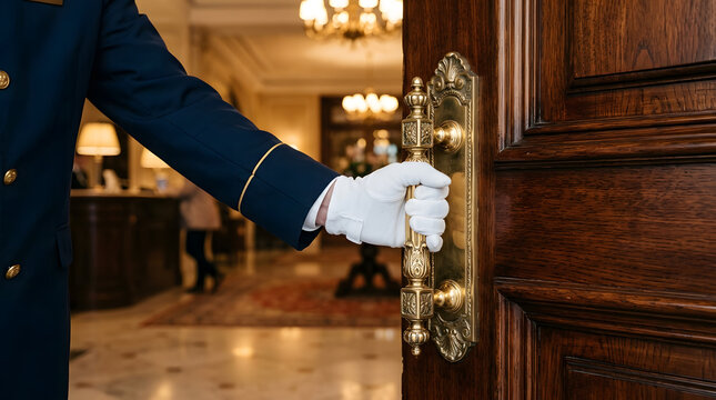 Hotel porter opening luxury suite door for guests. Uniformed bellman welcoming visitors to upscale accommodation with polished service.