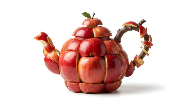 Surreal fruit art concept of a red apple teapot isolated on white background