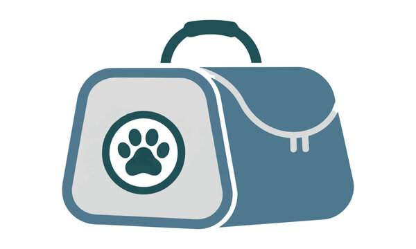 Minimalist icon of a pet carrier bag with mesh ventilation and a central paw print emblem on a solid white background, pet travel accessories concept