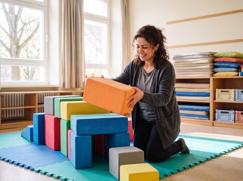 Erzieherin baut Bewegungslandschaft aus Schaumstoffbausteinen in Kita auf