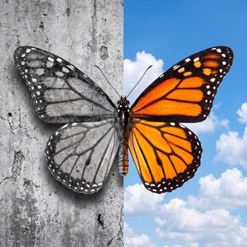 A split-screen conceptual image of a monarch butterfly with one wing against a grey cracked concrete wall and the other against a vibrant blue sky with clouds.