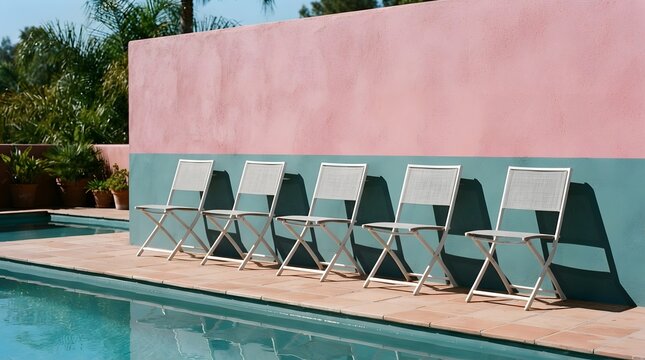 A row of empty folding chairs lined up along a swimming pool deck with a pink wall