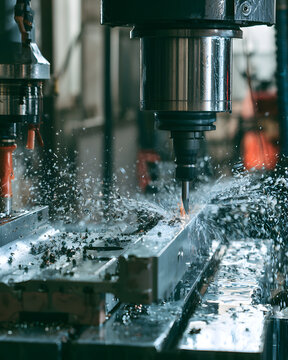 A medium shot of CNC machines meticulously drilling and cutting long wheelbase frame rails, surrounded by swirling metal chips and splashes of coolant in a cutting-edge industrial environment.