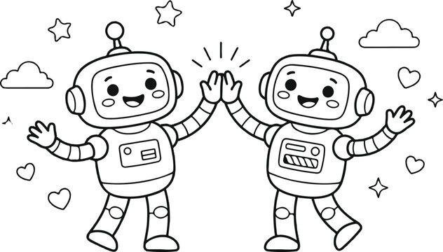 Two Cute Robots High Fiving with Hearts and Stars Coloring Page