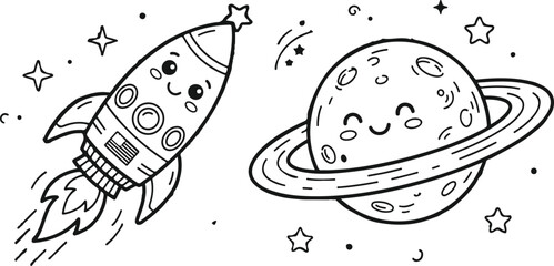 Happy Space Rocket Launching with Smoke Blast and Saturn Planet Coloring Page © Orvexa Design