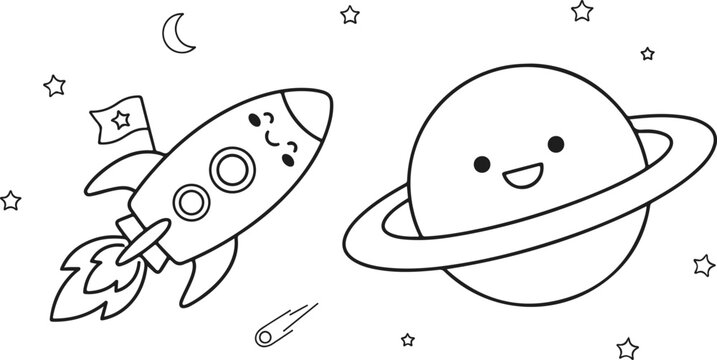 Cute Rocket Flying in Space with Planet and Stars Coloring Page for Kids