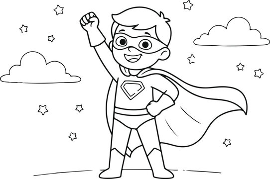 Happy Superhero Boy Standing Proudly with Raised Fist Line Art Coloring Sheet