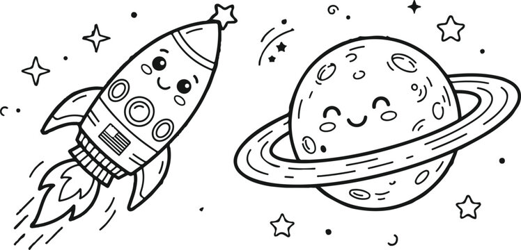 Happy Space Rocket Launching with Smoke Blast and Saturn Planet Coloring Page