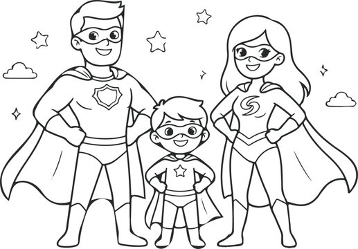 Happy Superhero Family Standing Proudly in Capes Line Art Coloring Page