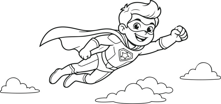 Cute Superhero Boy Flying through Sky with Clouds Line Art Coloring Page
