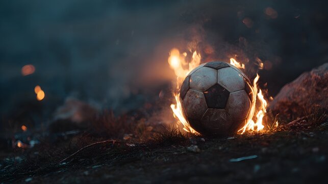 A worn soccer ball is burning with bright orange flames ground in a dramatic nighttime setting 3d rendered