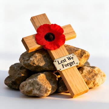 Wooden Cross with Red Poppy and Lest We Forget Plaque on Memorial Stones Isolated on White Background, Remembrance Day and Military Tribute Symbol