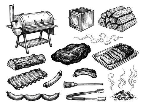 Barbecue smoker and smoked meats collection, vintage engraving of brisket ribs and firewood