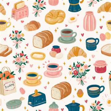 Breakfast food and drink Seamless Pattern on white background