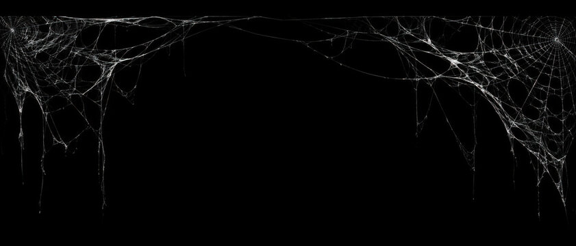 Real creepy spider webs on black banner
