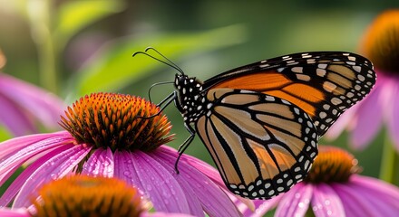 Obraz premium Monarch butterfly perches gracefully upon a pink coneflower as golden sunlight illuminates its delicate wings.
