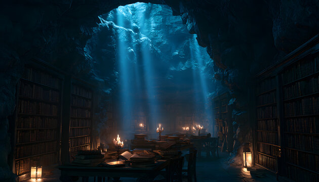 A mystical underground library filled with ancient stone-bound books. Blue beams of light stream from the cavern ceiling, casting a warm, inviting glow on the grand hall. Wooden tables and flickering 