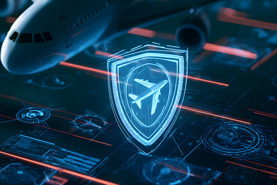 Aviation cybersecurity concept featuring a illuminated airplane with tech icons