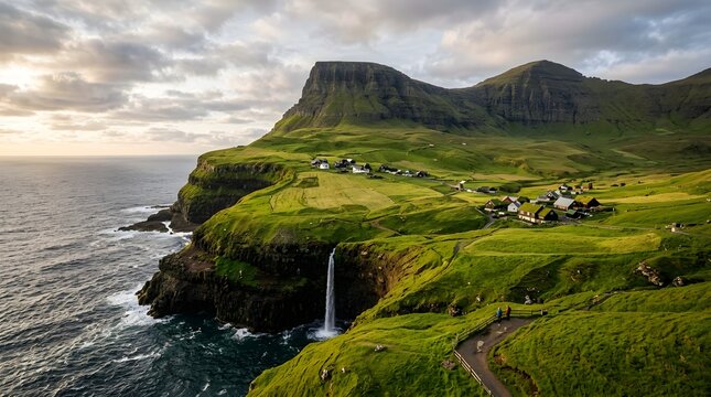 Majestic coastal waterfall falling from green cliffs into the sea, remote mountain village at sunset, scenic nordic landscape for travel background