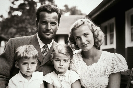 Vintage black and white photo of happy family. Man in suit, woman in dress, and two small children, a boy and a girl, pose together outdoors