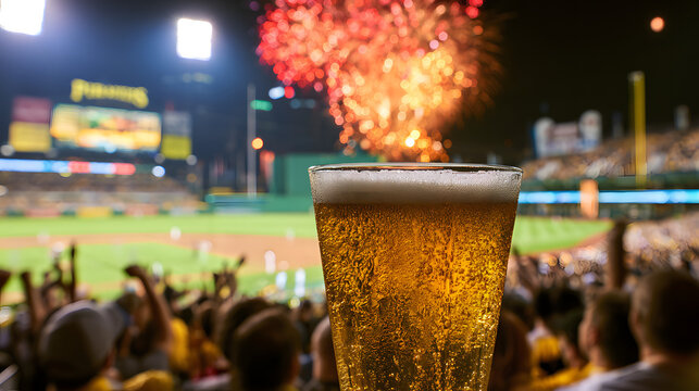 Baseball game illuminated by fireworks, spectators clapping.