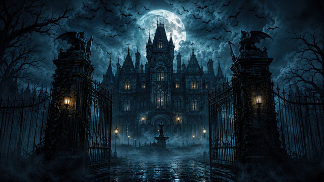 Haunted house at night spooky halloween background