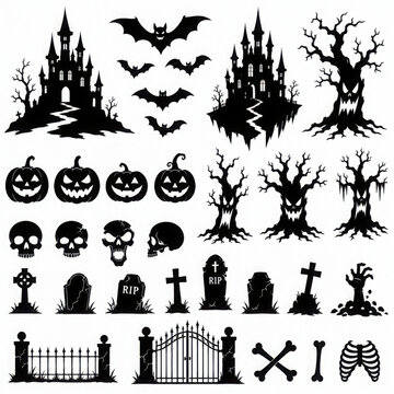 Set of silhouettes for halloween gloomy house, sinister trees, fences, graves, skulls, pumpkins and bats. Vector illustration