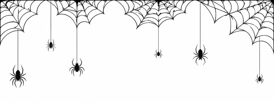 Black cobweb isolated banner. Spiderweb halloween background with spiders silhouettes. Spooky wall sticker, nets on white decent vector graphics