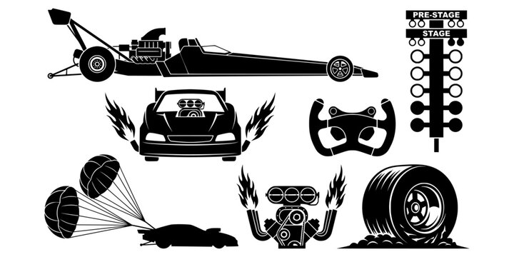 Drag Racing Silhouette Vector Icon Set with Fast Dragster, Supercharged V8 Engine, Flaming Exhaust, Drag Slick Tire, Parachute, and Race Track Starting Lights