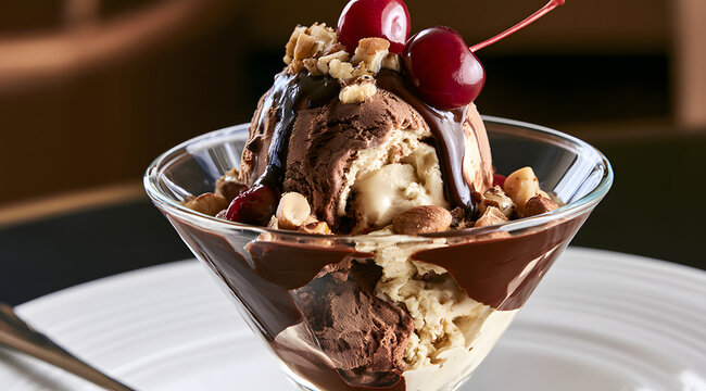 チェリーとナッツが乗った豪華なチョコバニラアイスクリームパフェ