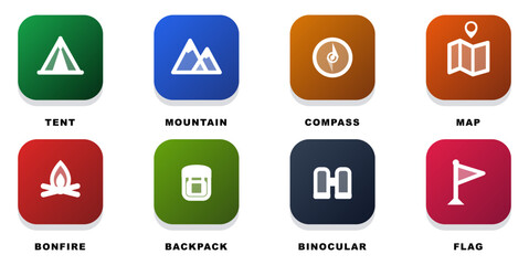 Fototapeta premium Camping and Outdoor Activity Vector Icon Set with Colorful Rounded Gradient Square Buttons