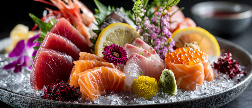 Assorted sashimi and sushi pieces with lemon and flowers presented on crushed ice salmon tuna shrimp ikura fish roe seafood raw japanese cuisine