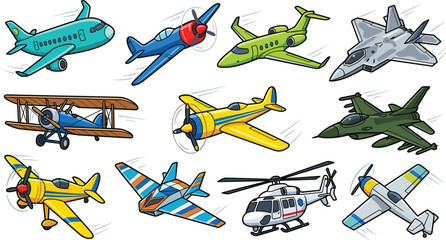 Various Cartoon Aircraft Vector Set with Commercial Airliners Military Fighter Jets Helicopter and Vintage Propeller Biplanes for Children Designs © Mostrenu