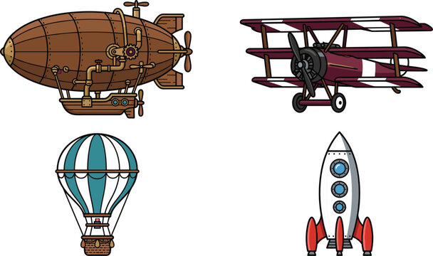 Vintage Steampunk Air Vehicle Set with Industrial Dirigible Blimp Multi Wing Triplane Hot Air Balloon and Retro Vertical Rocket Ship