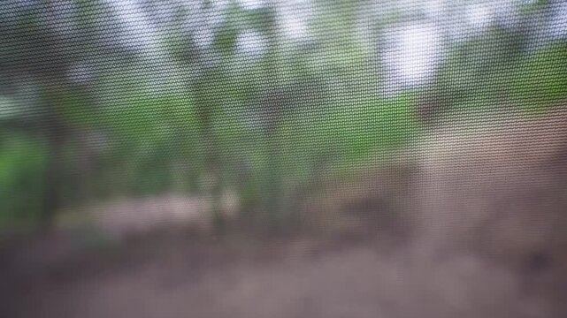 A close-up view through a fine mosquito net mesh screen inside a camping tent. Soft blurred green trees and natural forest scenery are visible through the protective netting.