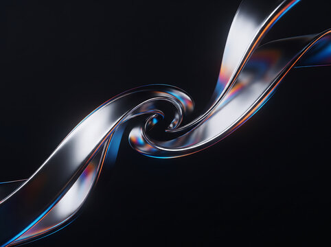 Abstract metallic ribbon wave with iridescent reflections on black background