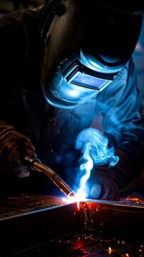 Helmeted welder performing MIG weld on intersecting steel pieces with bright blue arc, rising smoke, and orange sparks inside industrial workshop, with welder, welding, torch, arc detail
