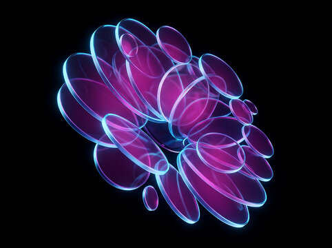 Futuristic 3D neon magenta glass plates ring with cyan glowing edges
