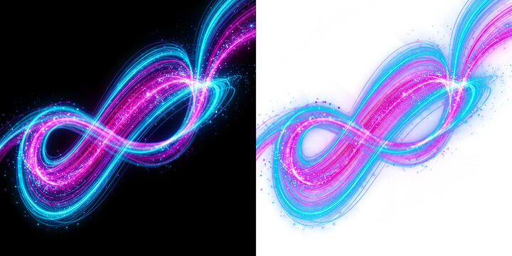 Abstract infinity of glowing neon blue and pink light trails with magical stardust particles as clean cutout