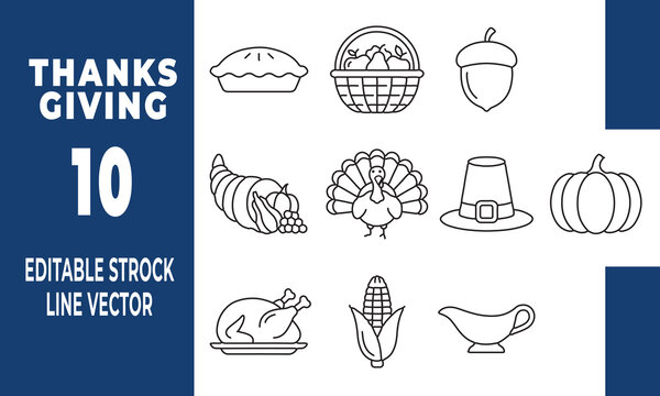 Thanksgiving line vector icons with turkey pie and cornucopia on white background