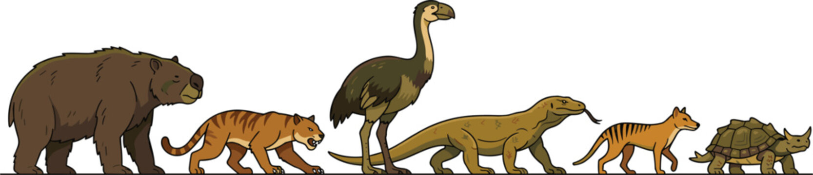 Prehistoric Megafauna and Extinct Ice Age Wildlife Vector Animal Set with Diprotodon Thylacoleo Genyornis Megalania Thylacine and Meiolania Elements