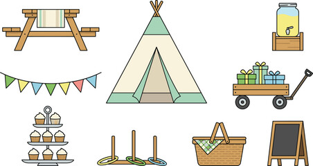 Outdoor Backyard Birthday Party and Picnic Celebration Vector Set Featuring Teepee Tent Wooden Picnic Table Cupcakes Gifts Wagon Ring Toss Game and Basket © Fahim
