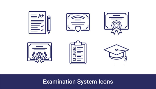 Examination System Line Icons Set &ndash; Exam Results, Certificate, Diploma, Student Assessment Outline Vector Collection