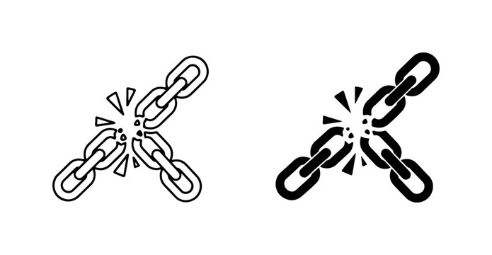 Broken Chain Link Icons, Symbolizing Separation, Disconnection, and Failure. Vector Set.