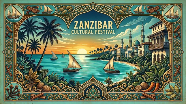 Zanzibar cultural festival vintage travel poster illustration